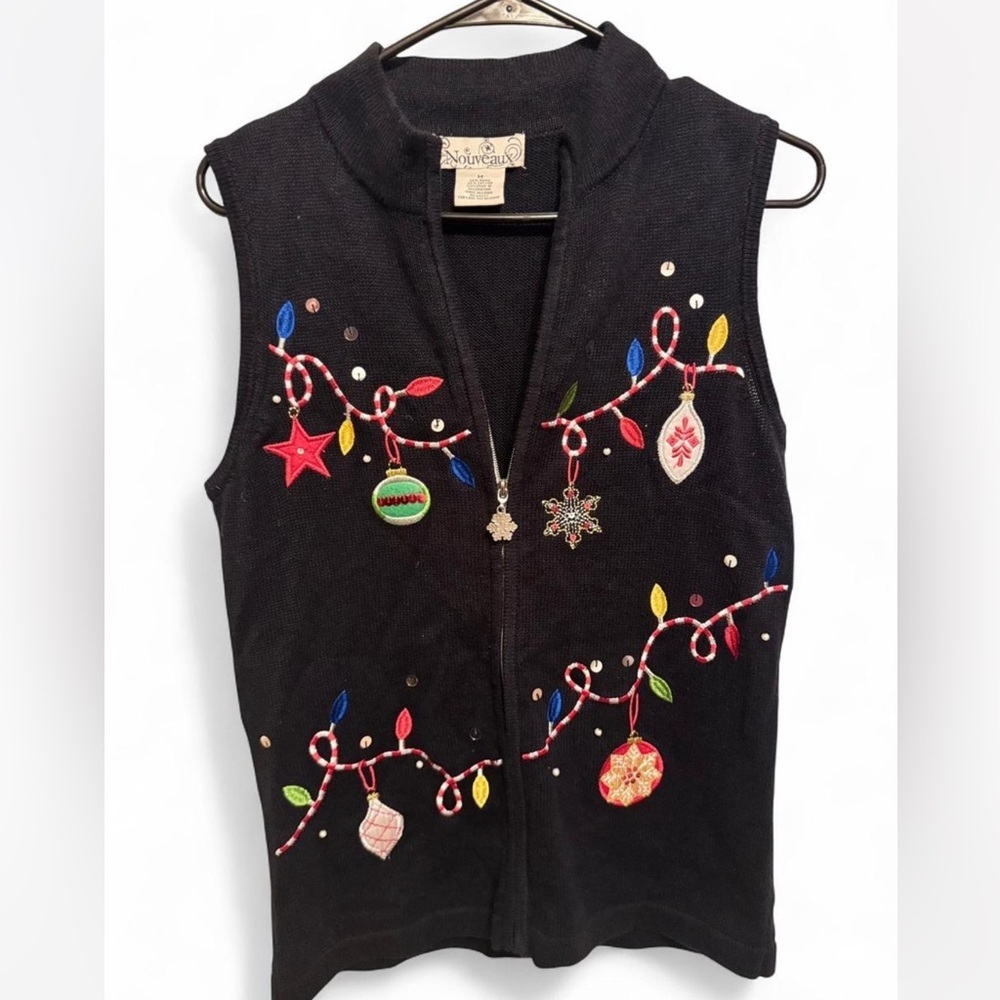 Vintage Festive Black Holiday Zip Vest with Christmas Embroidery